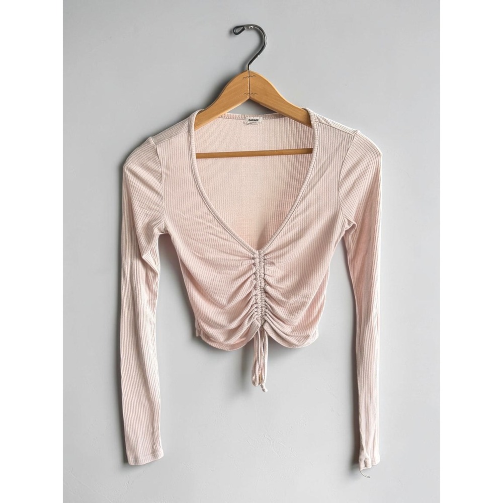 Garage Womens Light Pink Ribbed Ruched Front Long Sleeve Crop Top Size XS